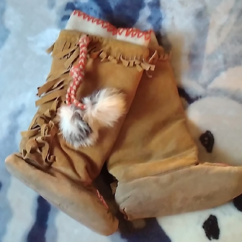 Tan Fringe Boots with Pom Poms